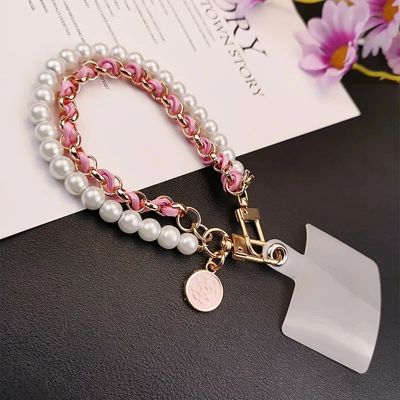 Elegant Leather & Pearl Wrist Lanyard with Camellia Charm