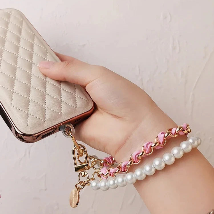 Elegant Leather & Pearl Wrist Lanyard with Camellia Charm