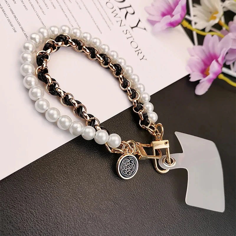 Elegant Leather & Pearl Wrist Lanyard with Camellia Charm