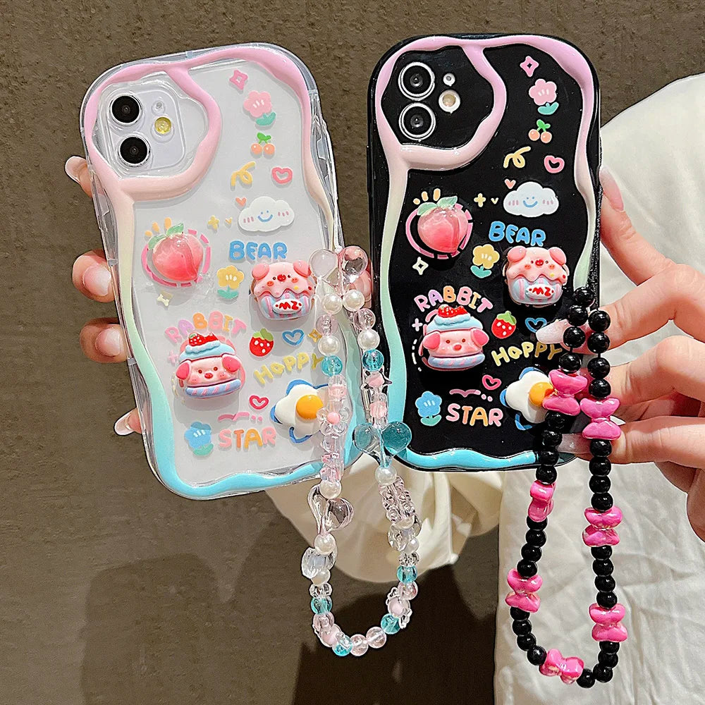 🍬Kawaii Overload! 3D Charm iPhone Case with Beaded Lanyard - iPhone 12/13/14 series