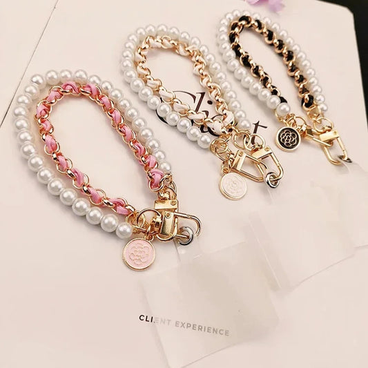 Elegant Leather & Pearl Wrist Lanyard with Camellia Charm