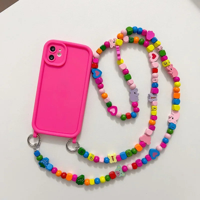 🍒 Color Pop & Wood Charm – Beaded Lanyard iPhone Case! - iPhone 11/12/13 series