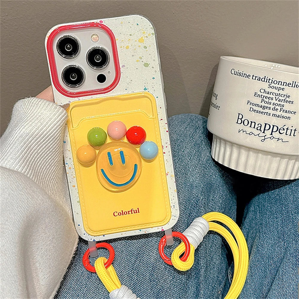 🌈 Colorful Smiley 3D iPhone Case with Wrist Strap
