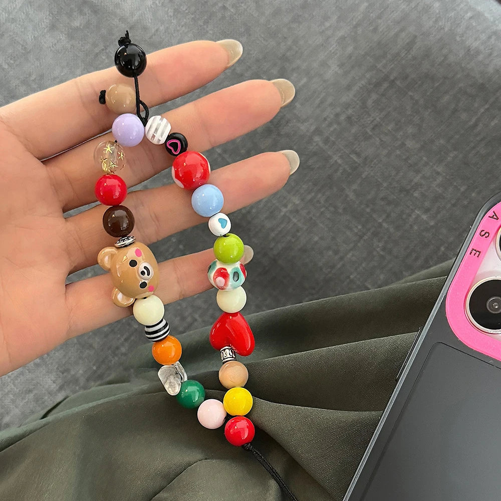 Colorful Beaded Bear Charm Phone Strap for Phone Cases