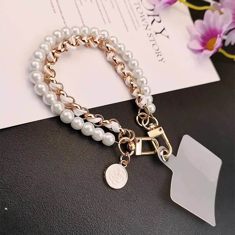 Elegant Leather & Pearl Wrist Lanyard with Camellia Charm