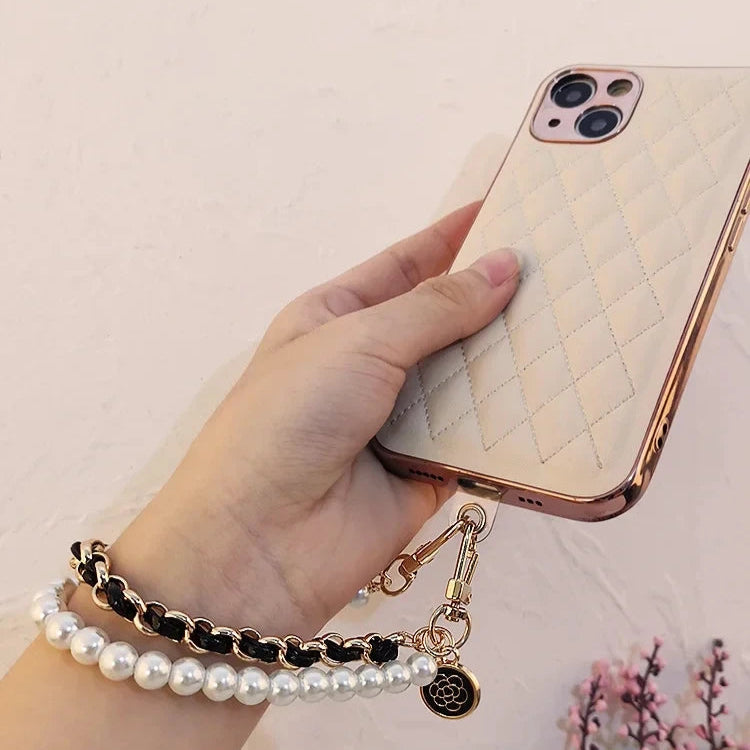 Elegant Leather & Pearl Wrist Lanyard with Camellia Charm