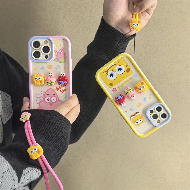 Sponge Squad Style – 3D Cartoon Phone Case with Lanyard