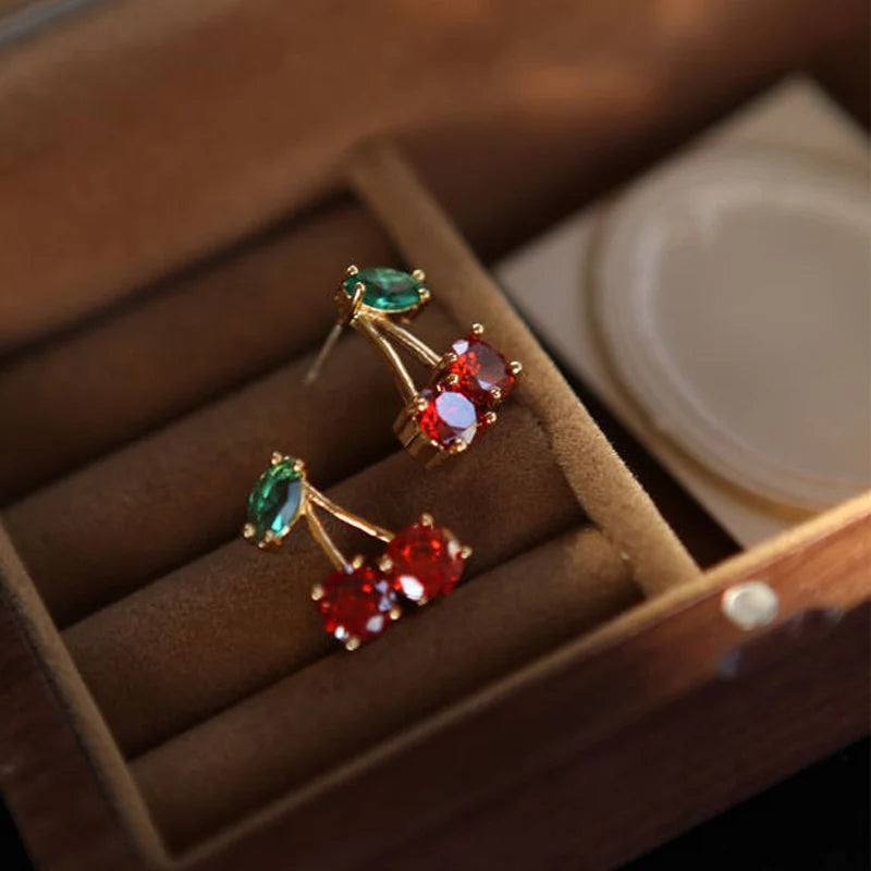 Cherry Stud Earrings Festive Sparkle Red Zircon Holiday Gift