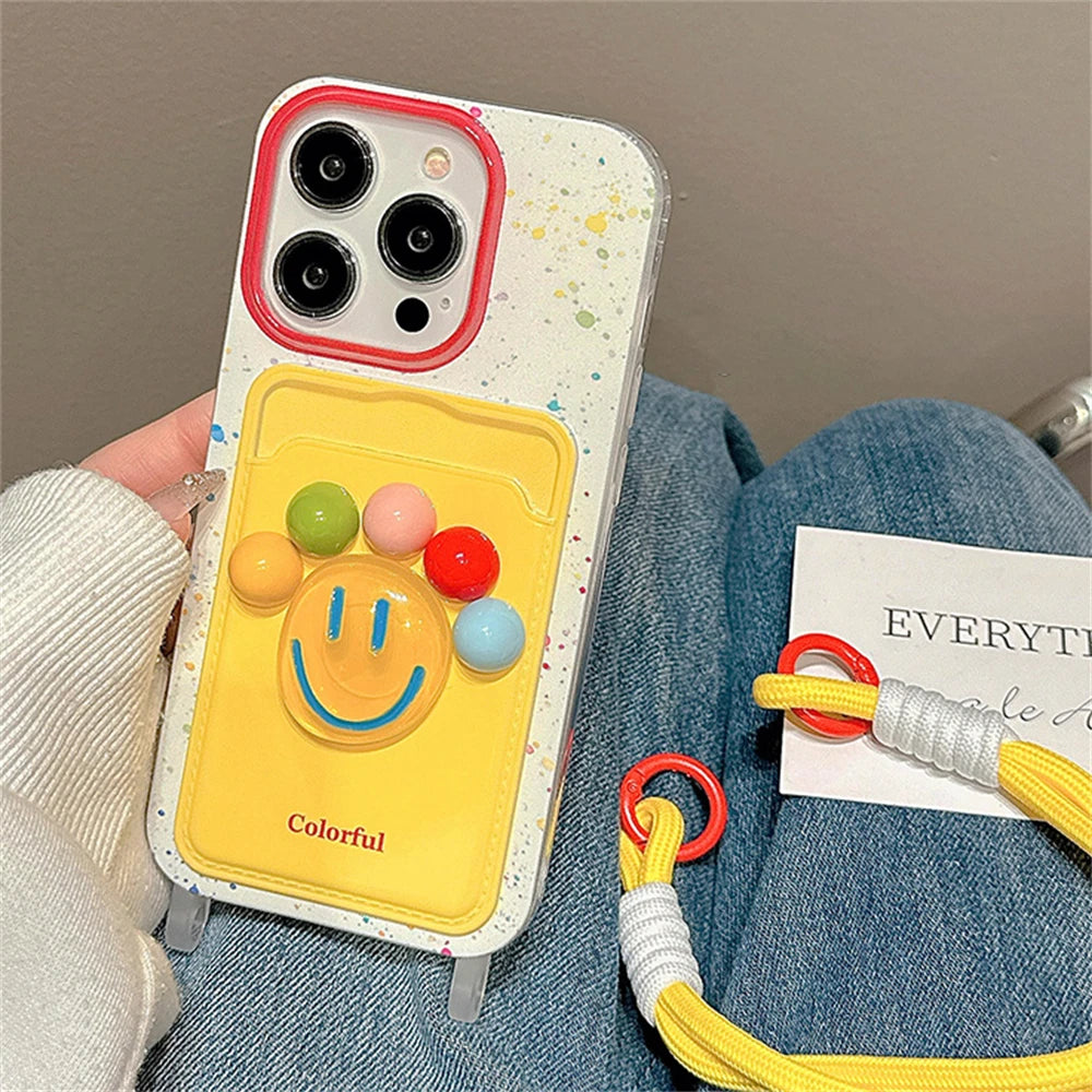 🌈 Colorful Smiley 3D iPhone Case with Wrist Strap