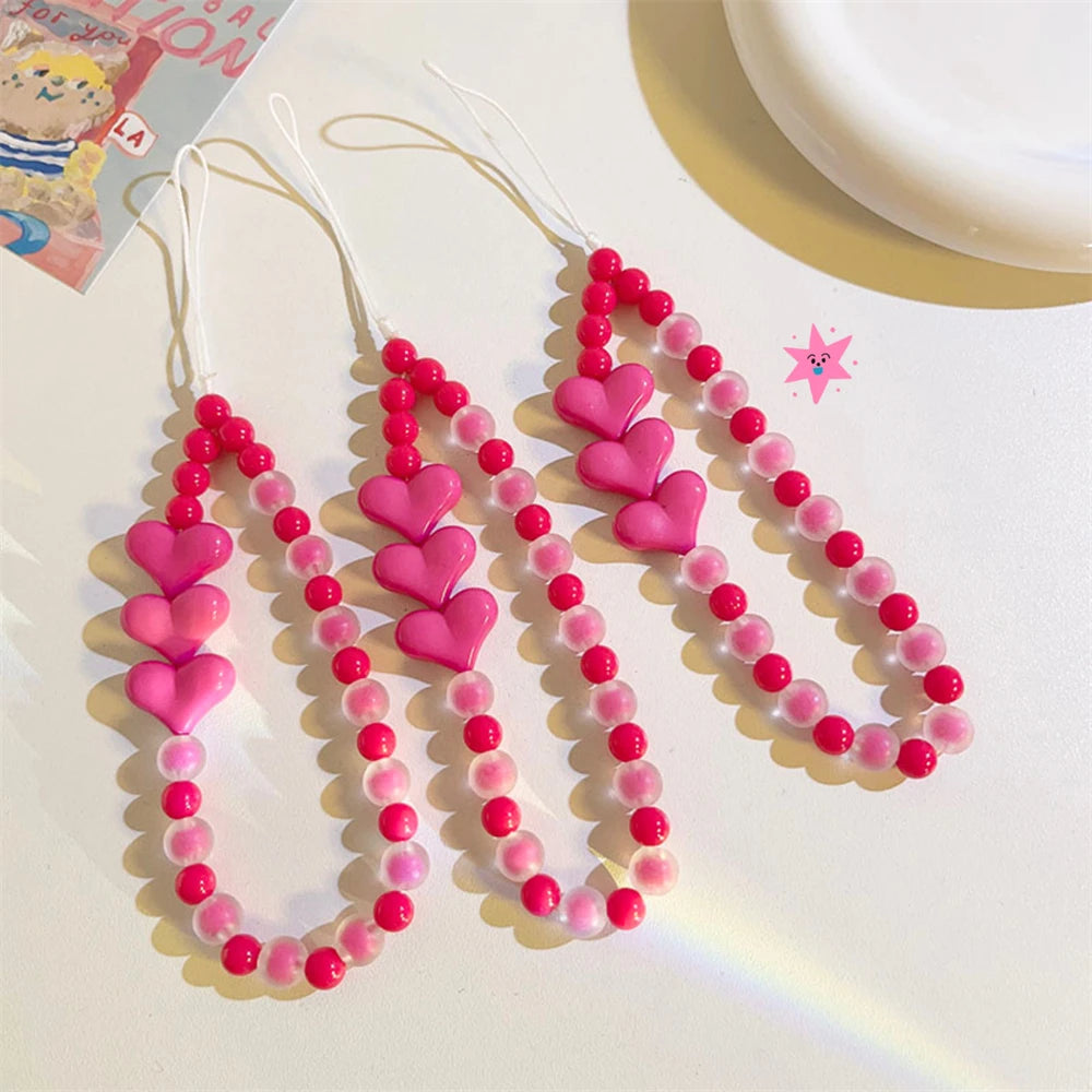 Pink Heart Beaded Phone Lanyard