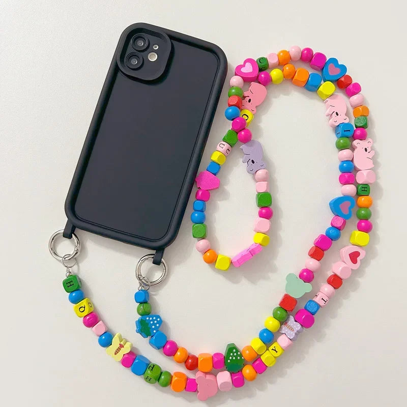 🍒 Color Pop & Wood Charm – Beaded Lanyard iPhone Case! - iPhone 14/15/16 series