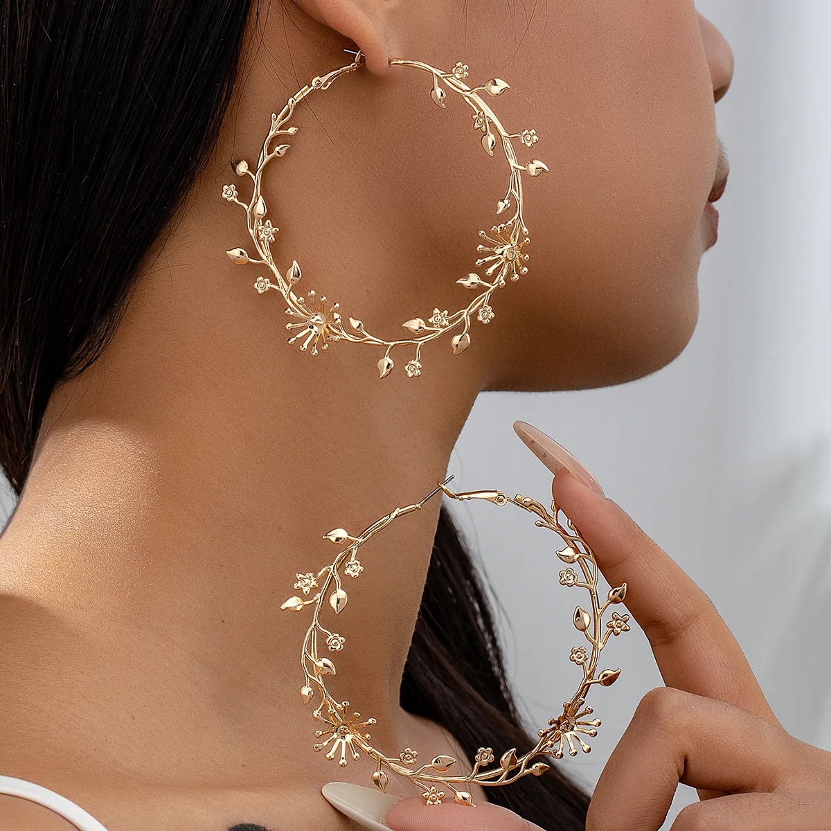 Vintage Leaf & Flower Hoop Earrings - Bold Elegance!