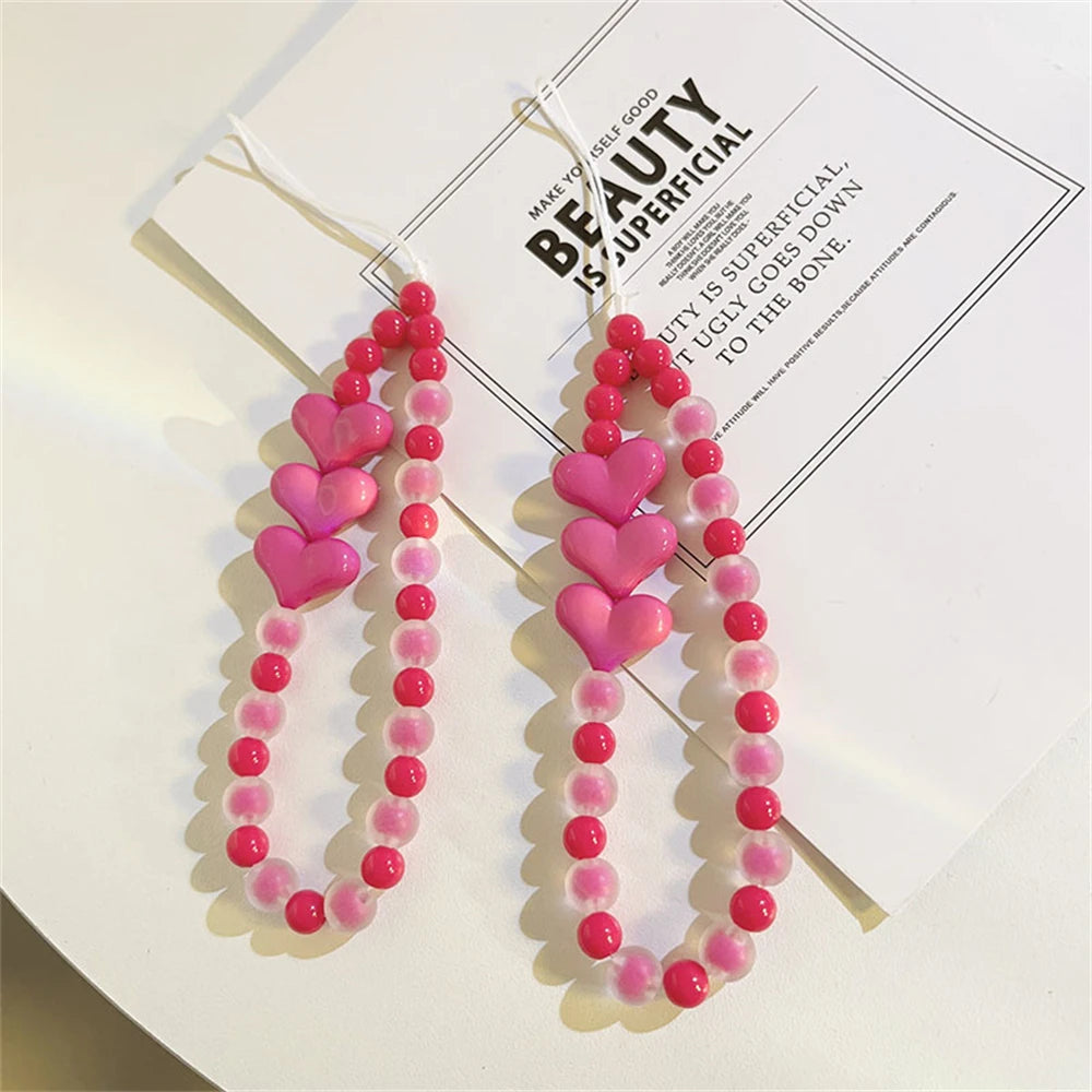 Pink Heart Beaded Phone Lanyard
