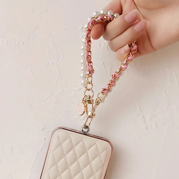 Elegant Leather & Pearl Wrist Lanyard with Camellia Charm