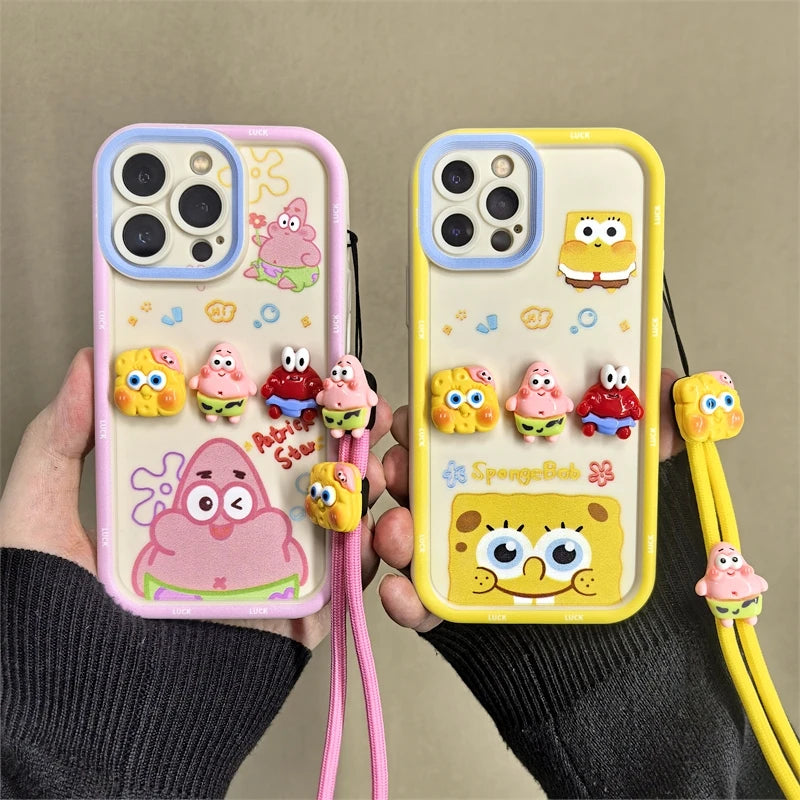 Sponge Squad Style – 3D Cartoon Phone Case with Lanyard