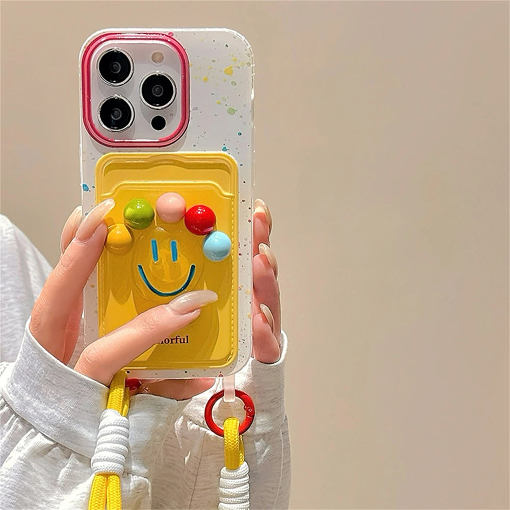 🌈 Colorful Smiley 3D iPhone Case with Wrist Strap