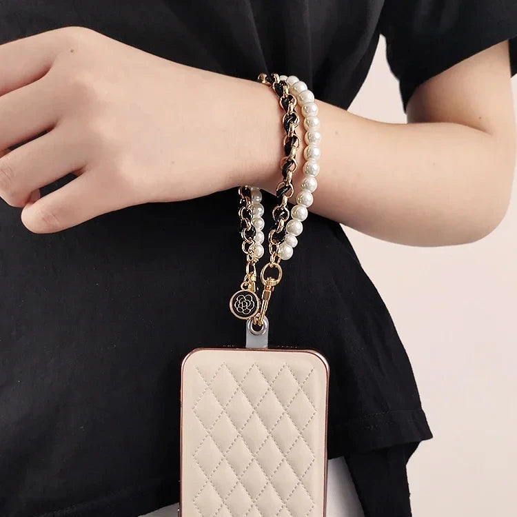 Elegant Leather & Pearl Wrist Lanyard with Camellia Charm