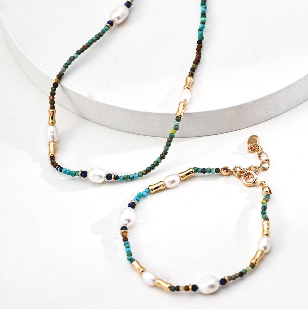 Turquoise & Pearl Beaded Bracelet and Necklace Set