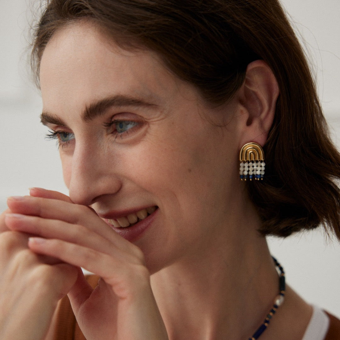 Rainbow Arch Lapis & Mother-of-Pearl Beaded Earrings